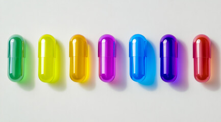 A row of colorful pills on a white background.