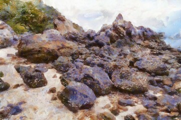 The island's beach landscape illustrated with chalk helps create an impressionistic painting.