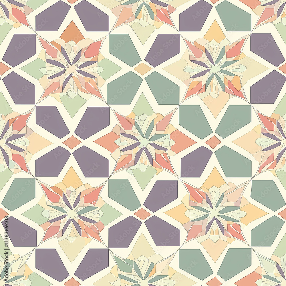 Poster a vibrant geometric pattern featuring star shapes in pastel colors, creating a harmonious and visual