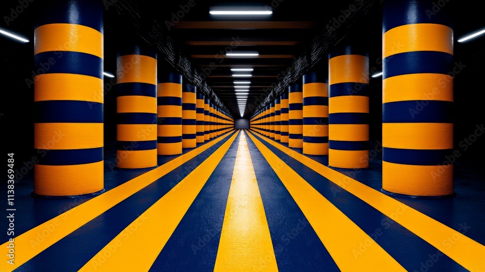 Aufkleber striped tunnel vision: abstract architectural rendering of a long corridor with vibrant orange and b