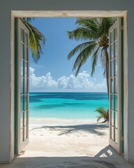 Opening to paradise pristine doorframe leads to turquoise beach tropical destination scenic view inviting atmosphere