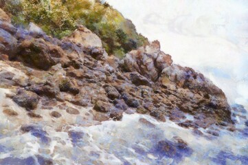 The island's beach landscape illustrated with chalk helps create an impressionistic painting.