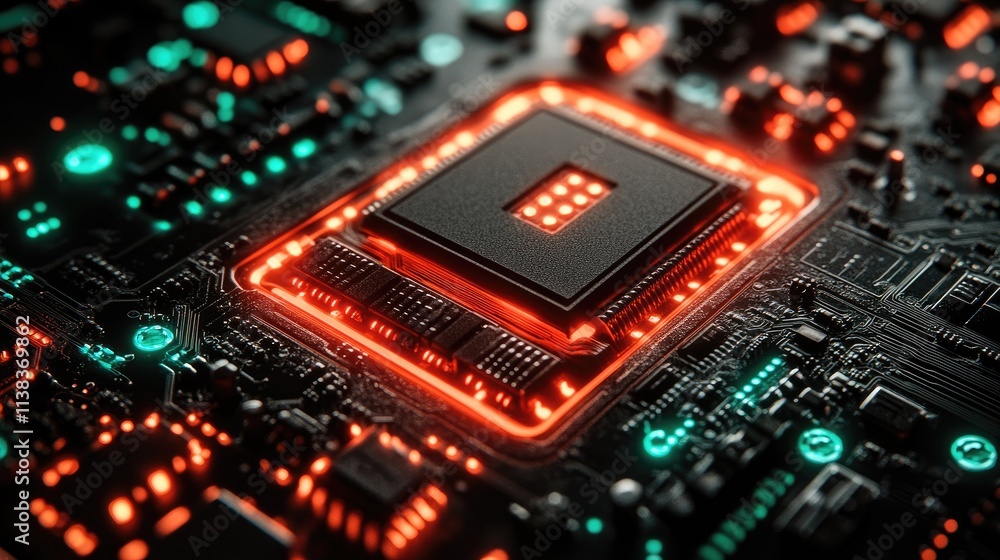 Poster close-up view of a glowing processor chip on a circuit board.