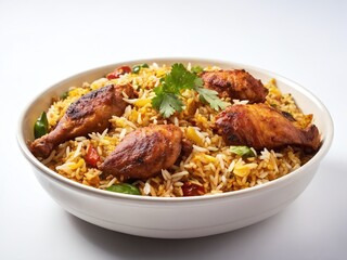 Fototapeta premium Delicious chicken biryani served in a bowl garnished with fresh herbs and spices