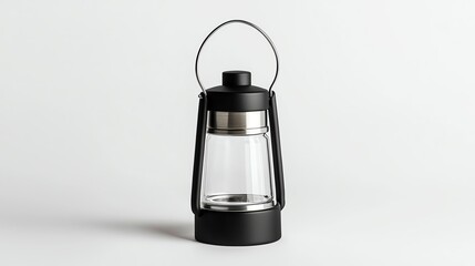 A modern lantern with a glass body and black metal accents, ideal for outdoor settings or decorative lighting.