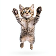 Obraz premium A playful tabby kitten leaps into the air, showcasing its playful spirit and curiosity against a clean, white background.