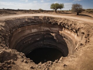 Deep circular hole revealing dark water at a remote desert location during daytime