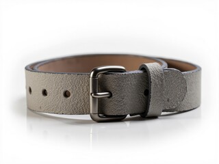 Rolled light grey leather belt with metal buckle on white background