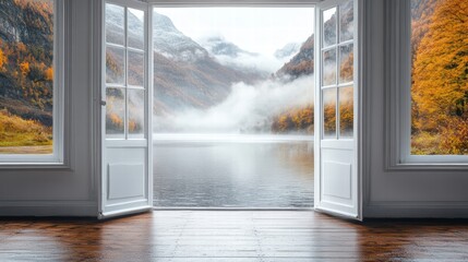 Exploring serenity open door lake view room interior tranquil setting perspective aesthetic escape