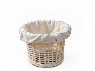 Empty wicker laundry basket with white cloth on white background