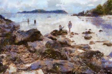 The island's beach landscape illustrated with chalk helps create an impressionistic painting.