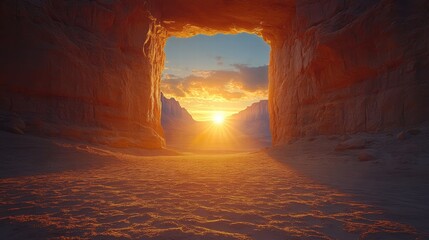 Opening door reveals majestic canyon vast landscape digital art serene environment wide-angle view symbol of freedom