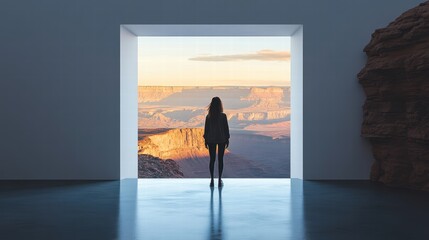 Exploring the vast canyon from a white room open door landscape interior serene view conceptual journey