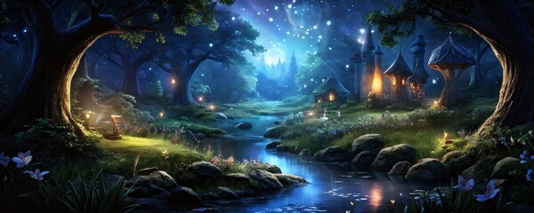 Enchanting forest at twilight showcasing glowing lights, a stream, and cozy cottages nestled among ancient trees