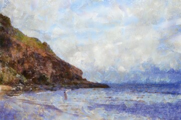 The island's beach landscape illustrated with chalk helps create an impressionistic painting.