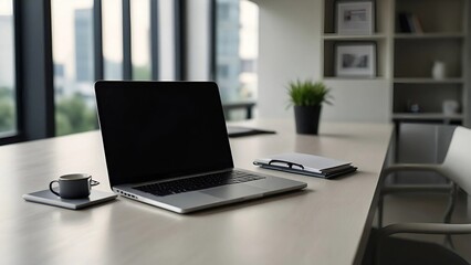 A spacious and elegant office with modern furniture and warm lighting