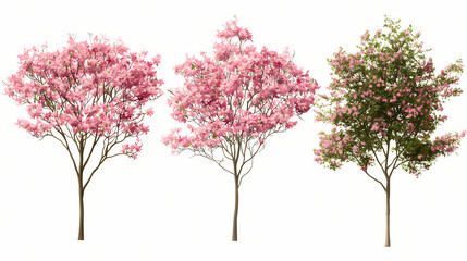 Obraz premium Set of cornus florida (flowering dogwood) pink blossoming frontal set street summer trees isolated png on a transparent background perfectly cutout. Isolated. Illustration
