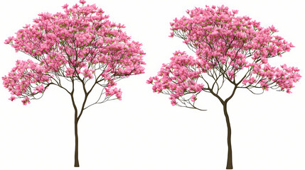 Obraz premium Set of cornus florida (flowering dogwood) pink blossoming frontal set street summer trees isolated png on a transparent background perfectly cutout. Isolated. Illustration