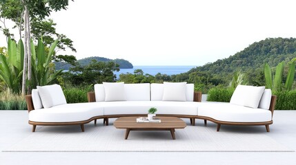 Modern outdoor lounge area with a scenic view of nature.