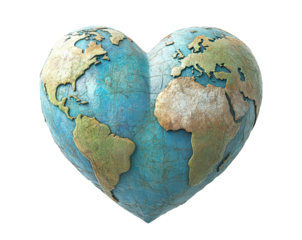 Heart-shaped world globe with a vintage map design, isolated on transparent cutout background