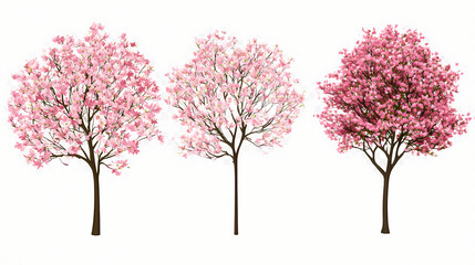Naklejka premium Set of cornus florida (flowering dogwood) pink blossoming frontal set street summer trees isolated png on a transparent background perfectly cutout. Isolated. Illustration