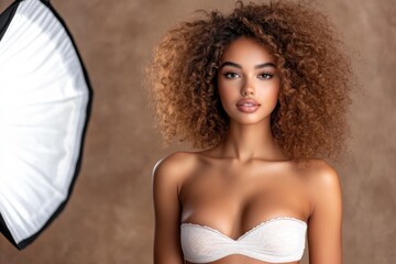 A talented photographer directing a model in a professional studio setup, with lights, props, and cameras in the scene