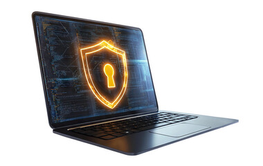 Cybersecurity concept with laptop and digital shield, isolated on transparent cutout background
