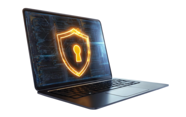 Cybersecurity concept with laptop and digital shield, isolated on transparent cutout background
