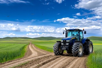 Obraz premium A tractor plowing rich, dark soil in a vast farmland, with birds flying overhead and distant hills on the horizon