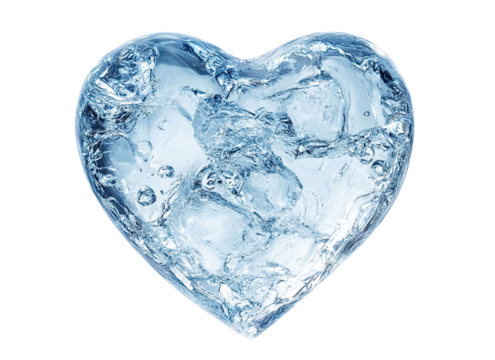 Icy heart made of frozen ice, isolated on transparent cutout background