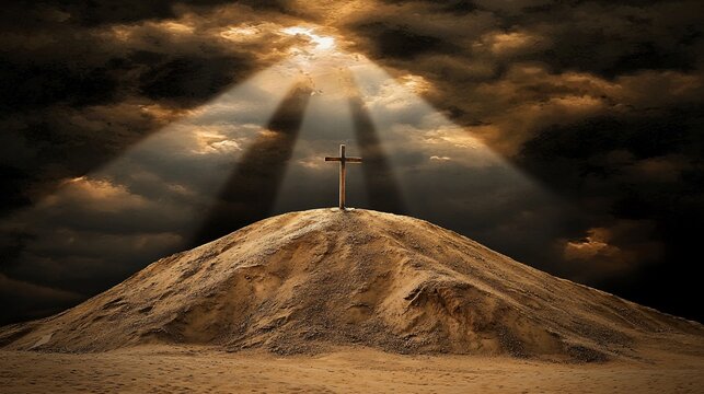 Cross atop sand hill, dramatic sky. - Powered by Adobe