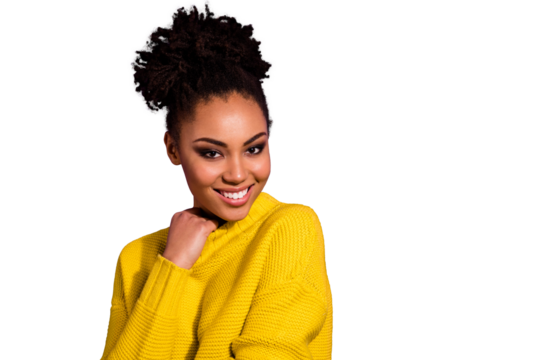 Close up photo of attractive lady looking touch colorful jumper isolated purple violet background