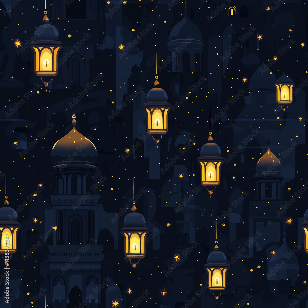 Poster a serene night scene featuring illuminated lanterns amidst a backdrop of dark structures, evoking a 