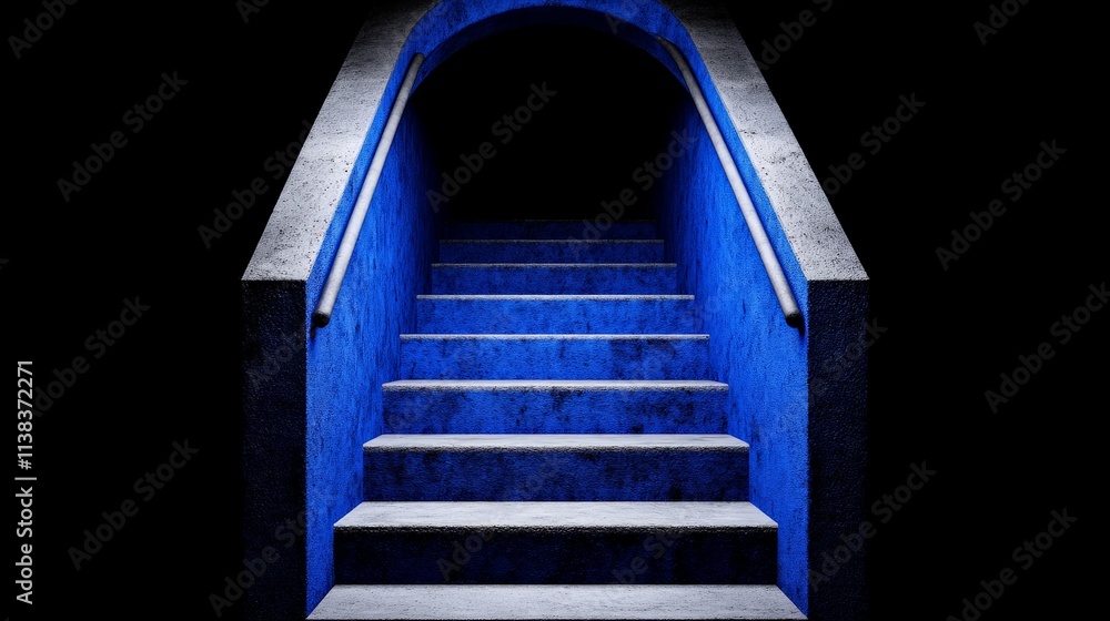 Poster mysterious blue staircase: a journey into the unknown begins with a descent down a dramatically lit 