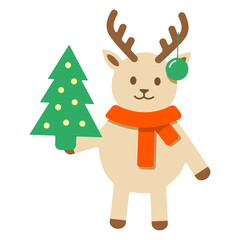 New Year's horned deer with a green glowing Christmas tree in his paw in a red scarf and a Christmas ball. Vector illustration.