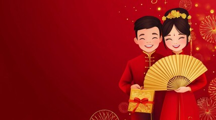 Obraz premium Smiling Asian couple in traditional costumes with fan and gold package as a gift for Chinese new year in oriental red background decoration