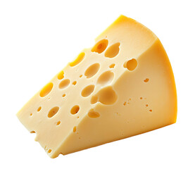 Triangular wedge of Swiss cheese with holes, isolated on transparent cutout background	
