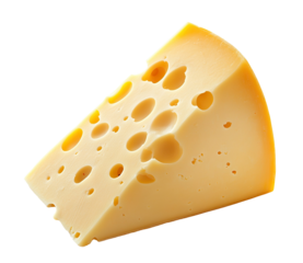 Triangular wedge of Swiss cheese with holes, isolated on transparent cutout background	
