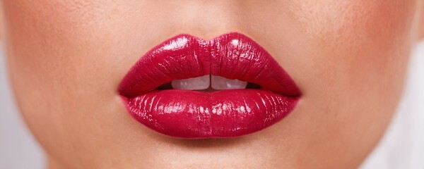 Fototapeta premium Bright red lips highlight a beauty theme showcasing makeup artistry and elegance in portrait photography