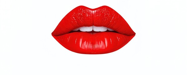 Obraz premium Bright red lips with a glossy finish against a white background create a striking visual impact