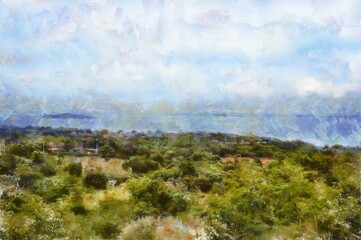 Fototapeta premium Chalk-drawn landscape of the island's beach creates an impressionistic painting.