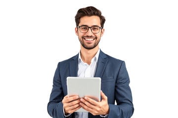 Young handsome businessman wearing glasses holding a tablet, smiling nicely, business concept