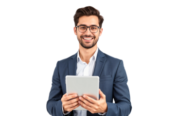 Young handsome businessman wearing glasses holding a tablet, smiling nicely, business concept