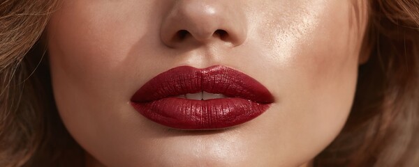 Fototapeta premium Close-up of a model showcasing bold red lipstick with glossy finish in a soft light setting
