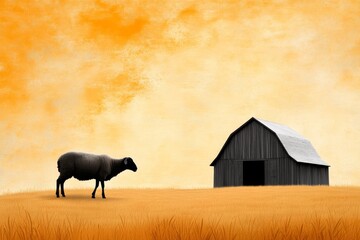 A vintage-style poster of a rural scene with a ewe grazing near a wooden barn, using muted colors and classic typography