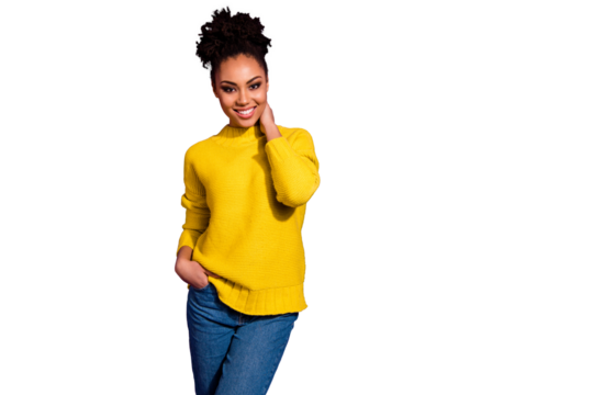 Portrait of lovely millennial touch hands palms neck she her pockets isolated over violet background