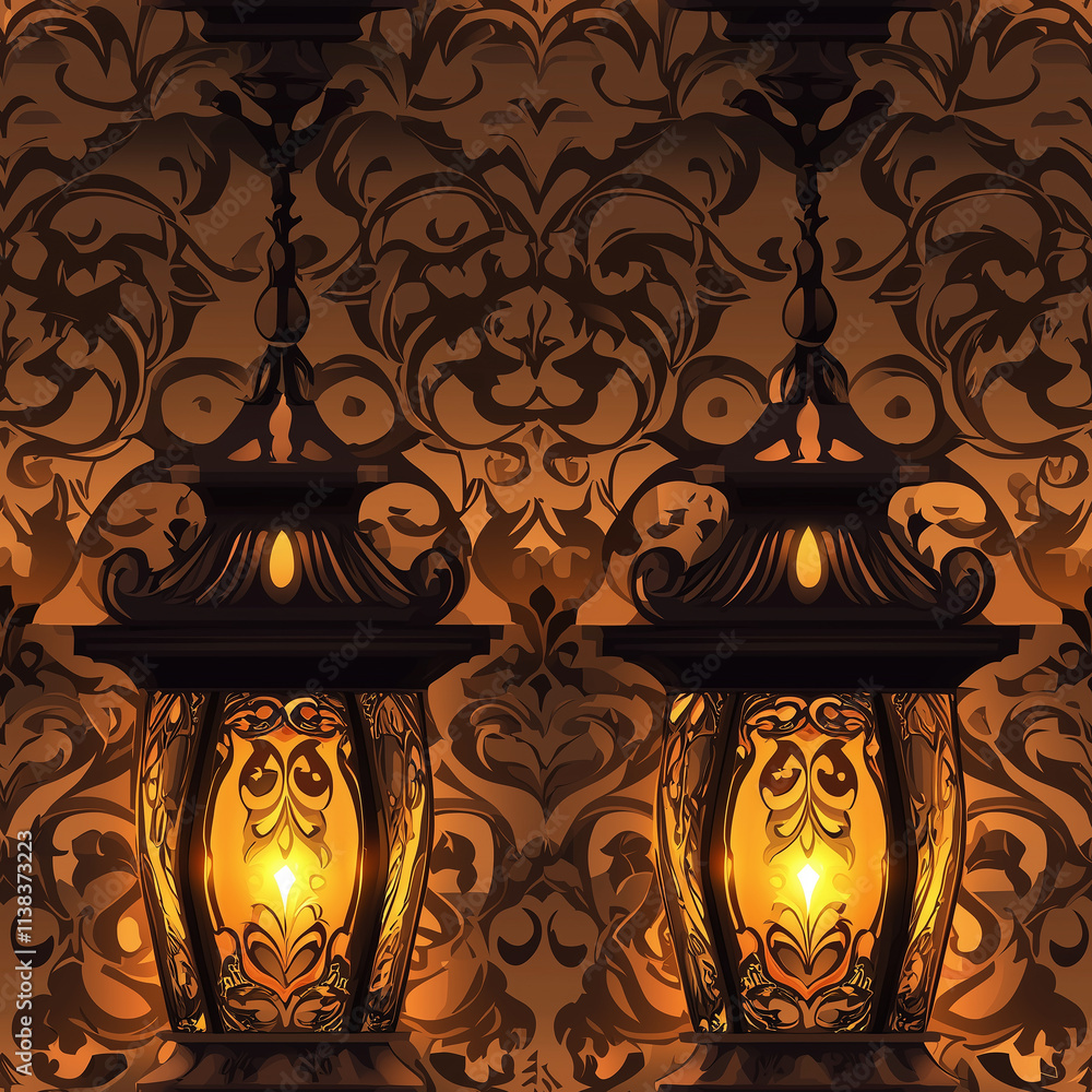 Poster two ornate lanterns illuminate a richly patterned wallpaper, creating a warm and inviting atmosphere
