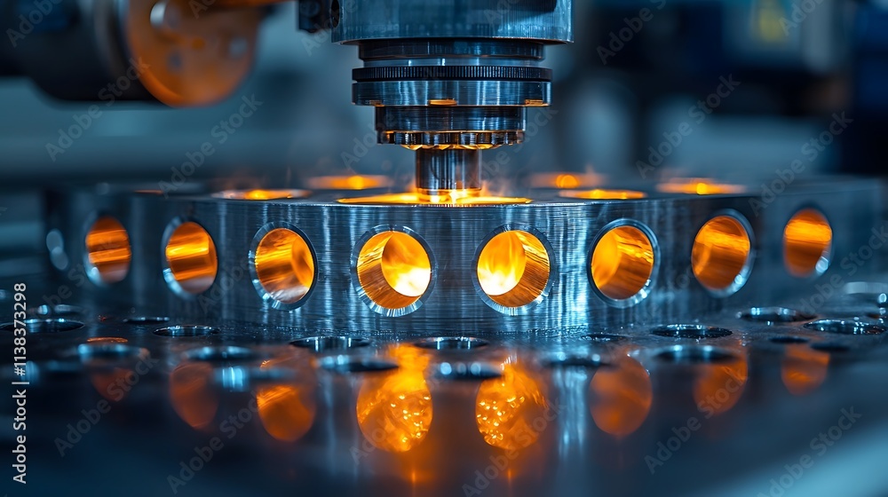 Poster precision machining process in a manufacturing facility showcasing a cnc machine engaging with a met