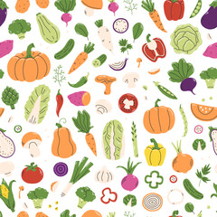 Seamless pattern with vegetables on white background. Vegetables vector Illustration background.
