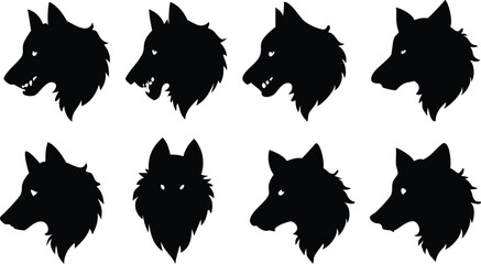 Wolf head side view silhouette set vector art and illustration design with black color